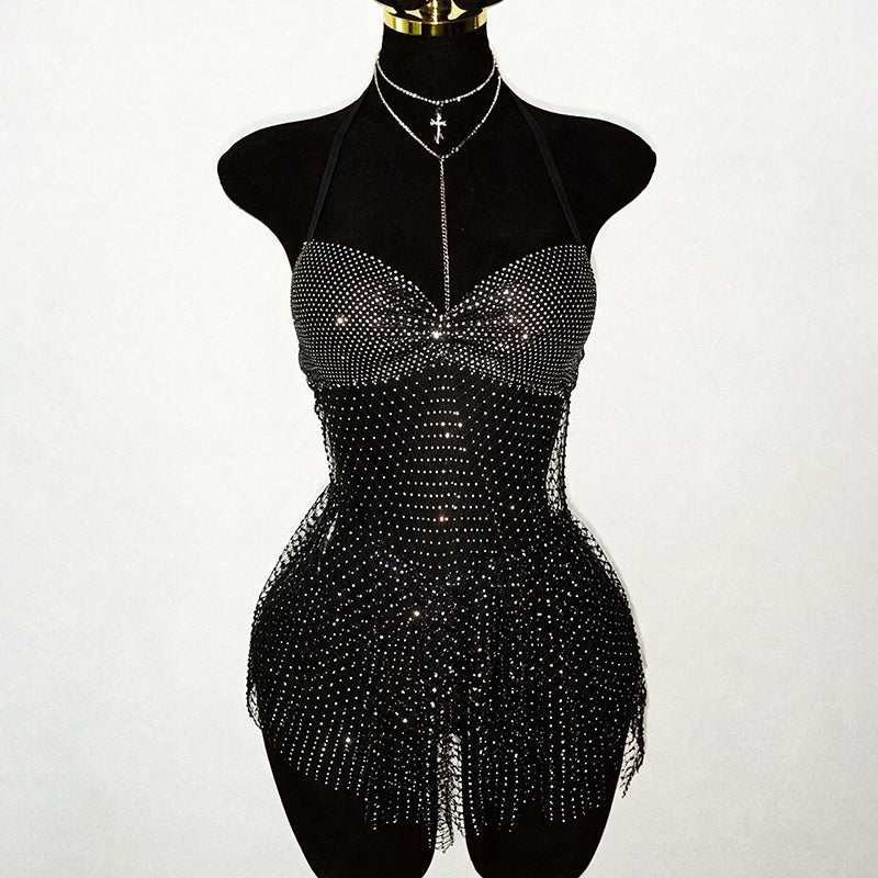 Rhinestone Bodycon Mini Dress with Halter Neckline and Mesh Fringe Hem