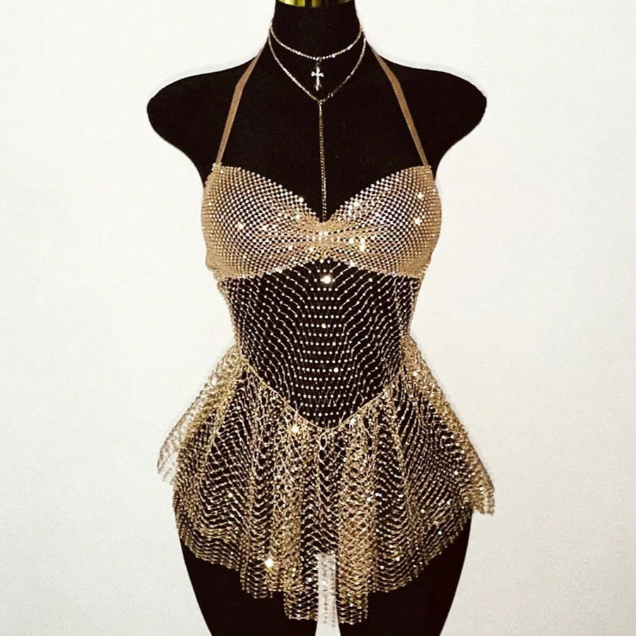 Rhinestone Bodycon Mini Dress with Halter Neckline and Mesh Fringe Hem