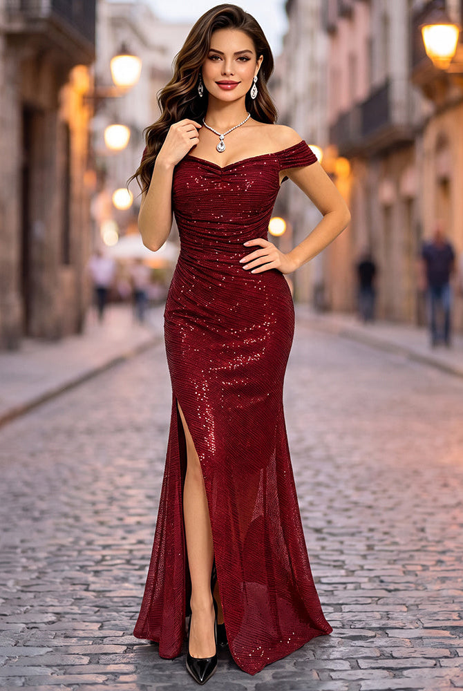 Wine red sequined off-shoulder ruched maxi bodycon dress with thigh-high side slit