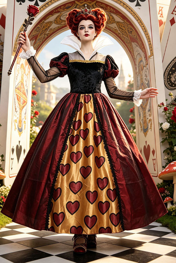Red velvet bodice ballgown with heart print skirt and puff sleeves
