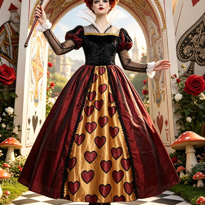 Red velvet bodice ballgown with heart print skirt and puff sleeves