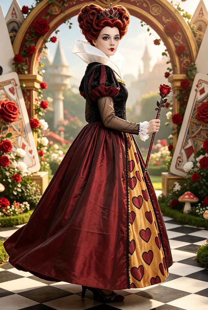 Red and dark ballgown with heart print skirt, corset-style velvet bodice