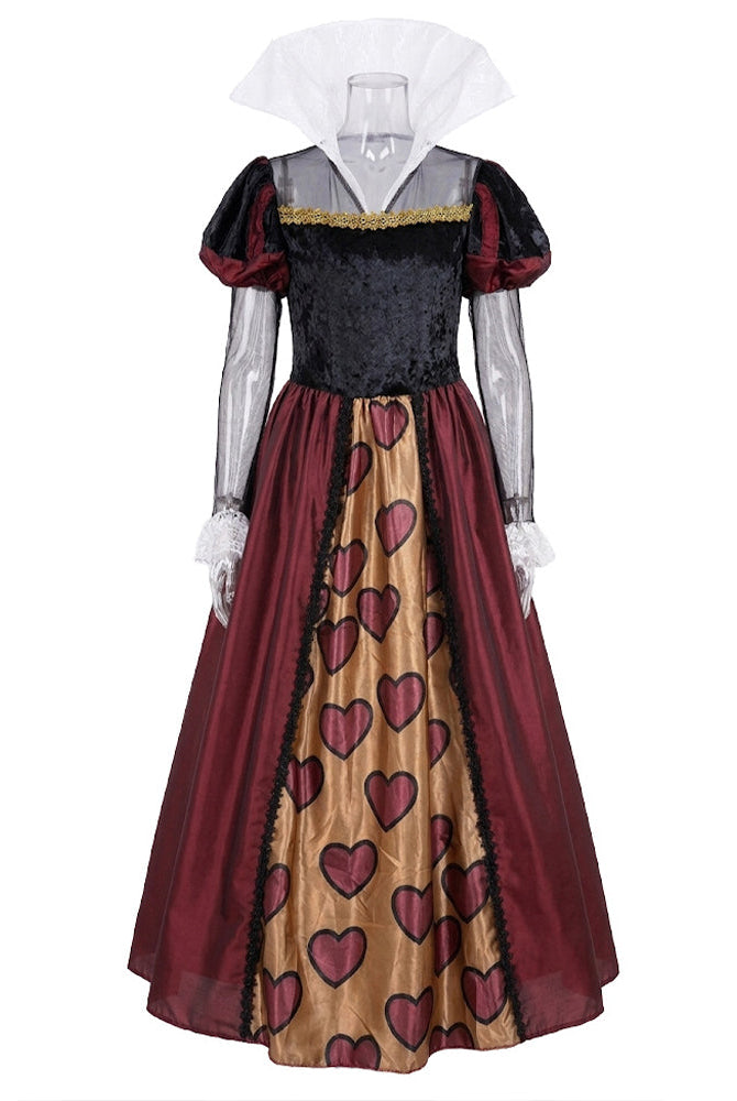 Red heart print skirt ballgown with black velvet bodice and short puff sleeves