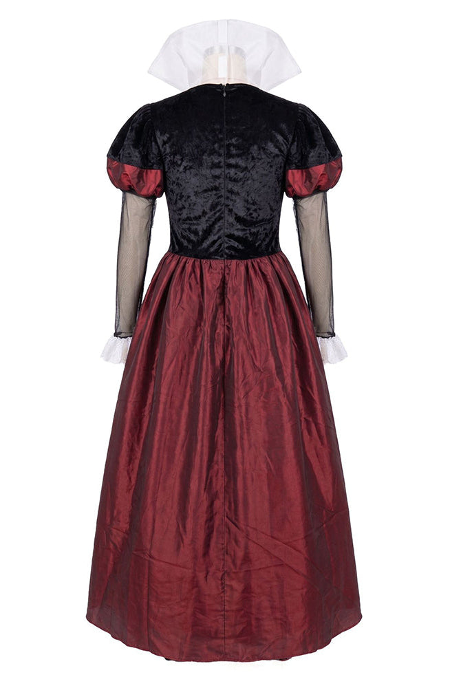 Back view red satin ballgown with black velvet bodice and puff sleeves
