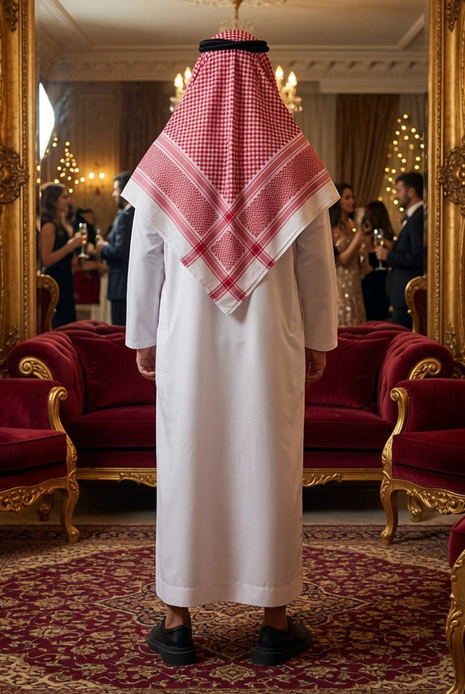 White robe with red check headscarf draped over back, black shoes, back view