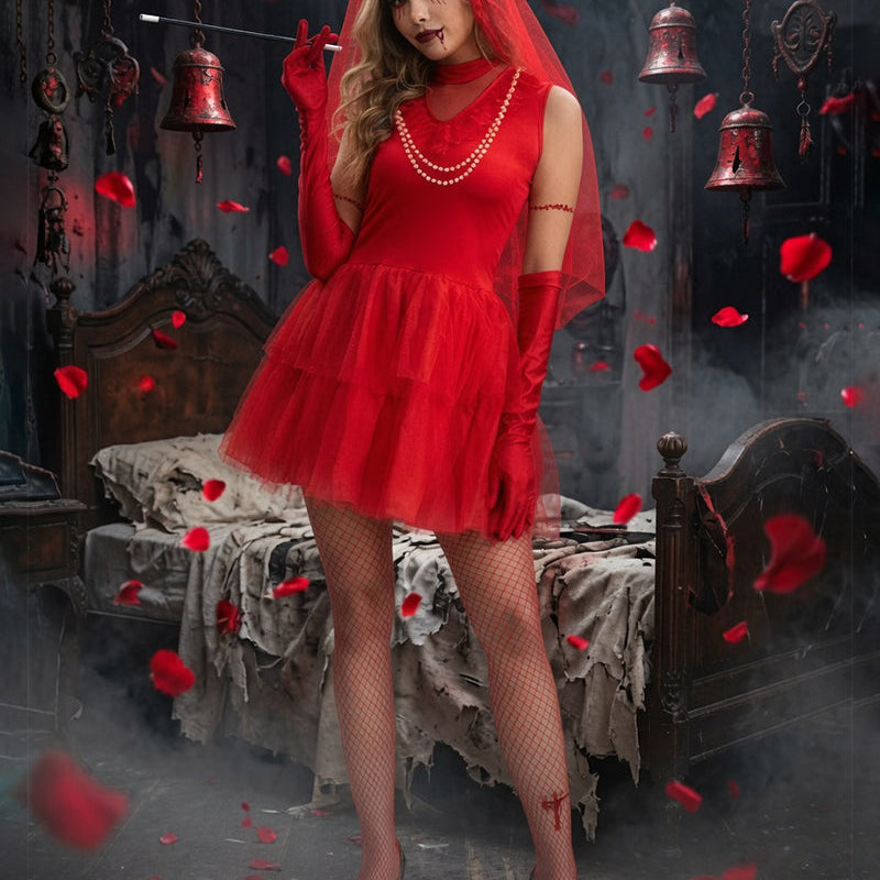 Red vampire bridal costume mini dress with tulle skirt, veil, long gloves, fishnet stockings