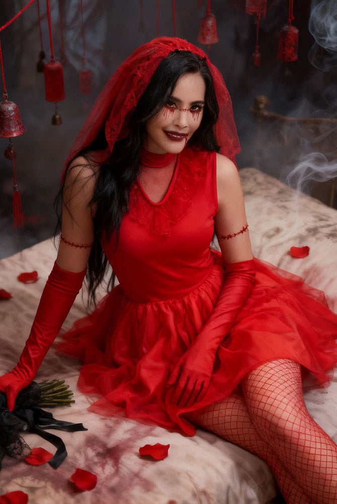 Red vampire bridal mini dress with veil and long gloves, plus fishnet stockings