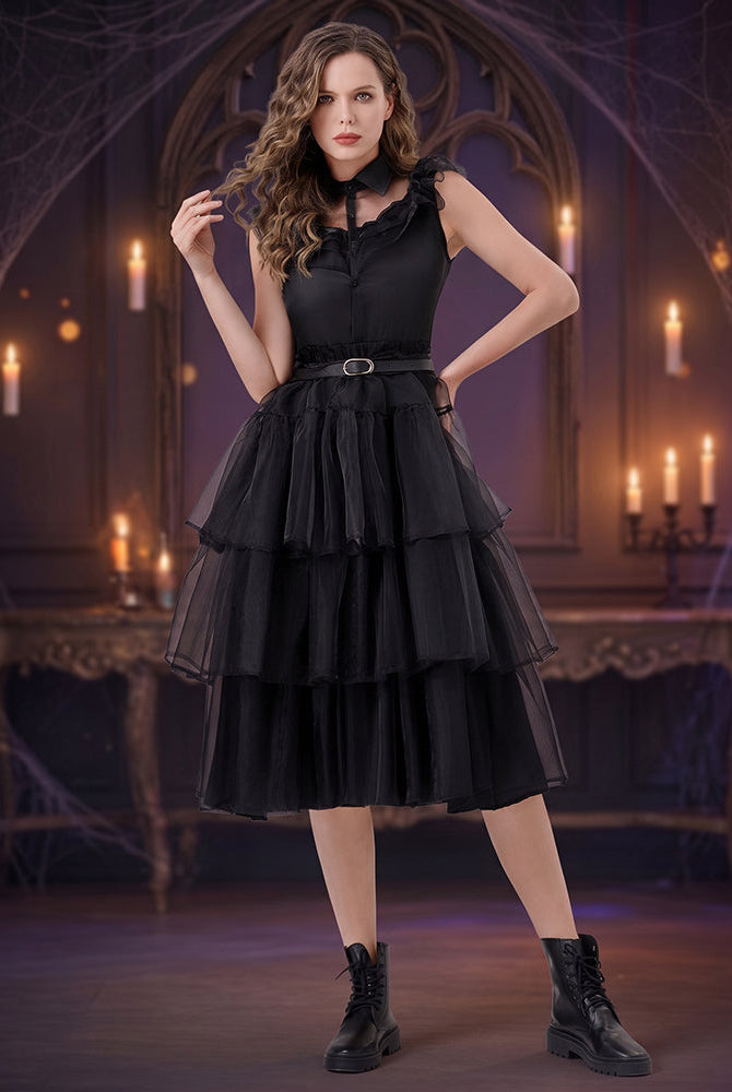 Black tiered sleeveless tulle midi dress with ruffled lace collar and waist belt.