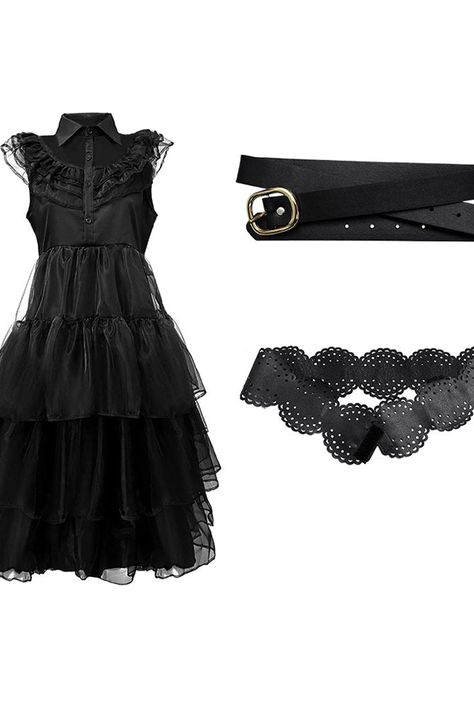 Black tulle midi dress with lace collar, belt, and matching lace ruffle underwear.
