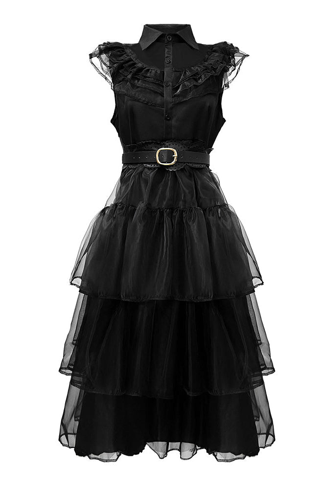 Black sleeveless tulle midi dress with ruffled lace collar and waist belt, front view.