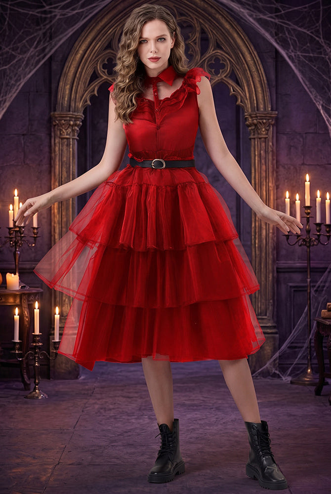 Red sleeveless tulle midi dress with tiered ruffles, ruffled lace collar, and belt.