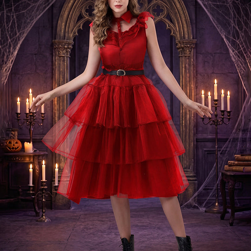 Red sleeveless tulle midi dress with tiered ruffles, ruffled lace collar, and belt.