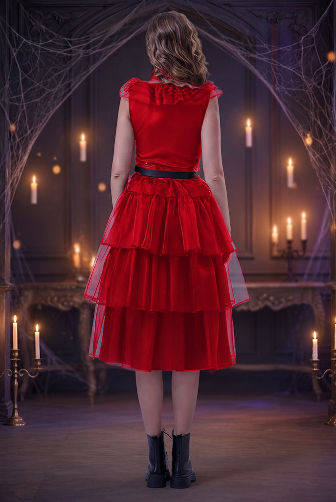 Red sleeveless tulle midi dress with tiered ruffles and belt, back view.