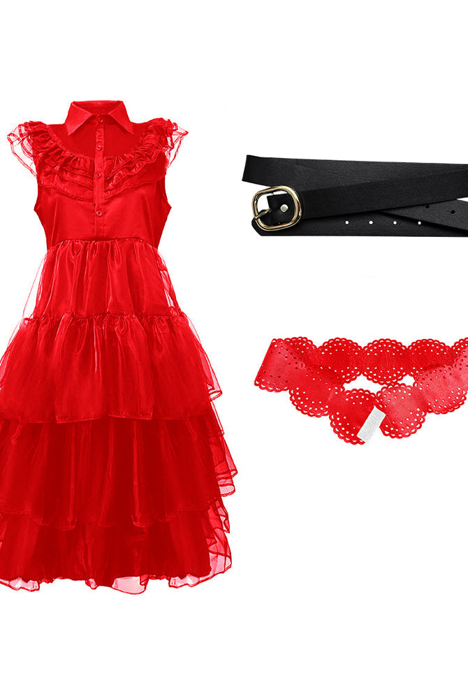 Red tulle midi dress with ruffled lace collar, belt, and matching lace ruffle underwear.
