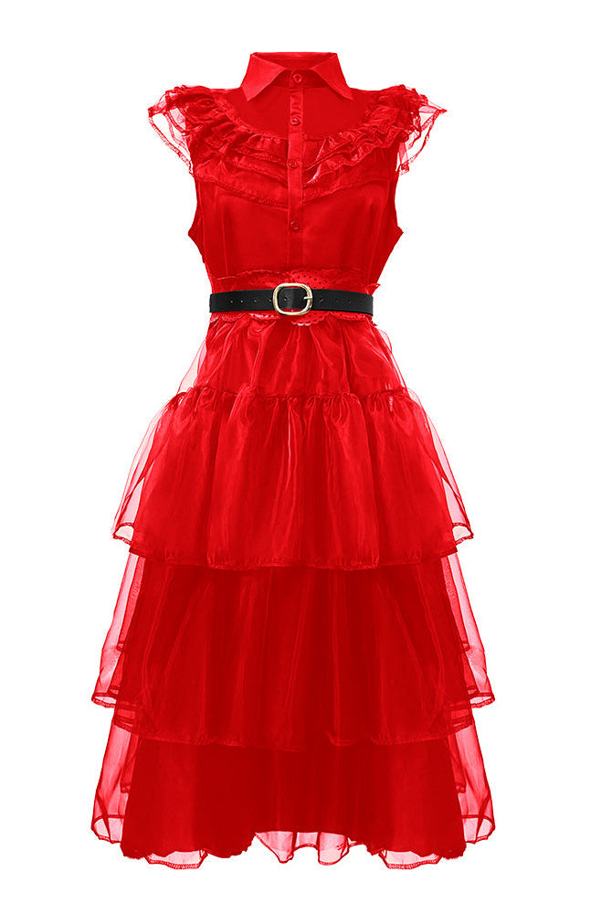Red sleeveless tulle midi dress with ruffled lace collar and waist belt, front view.