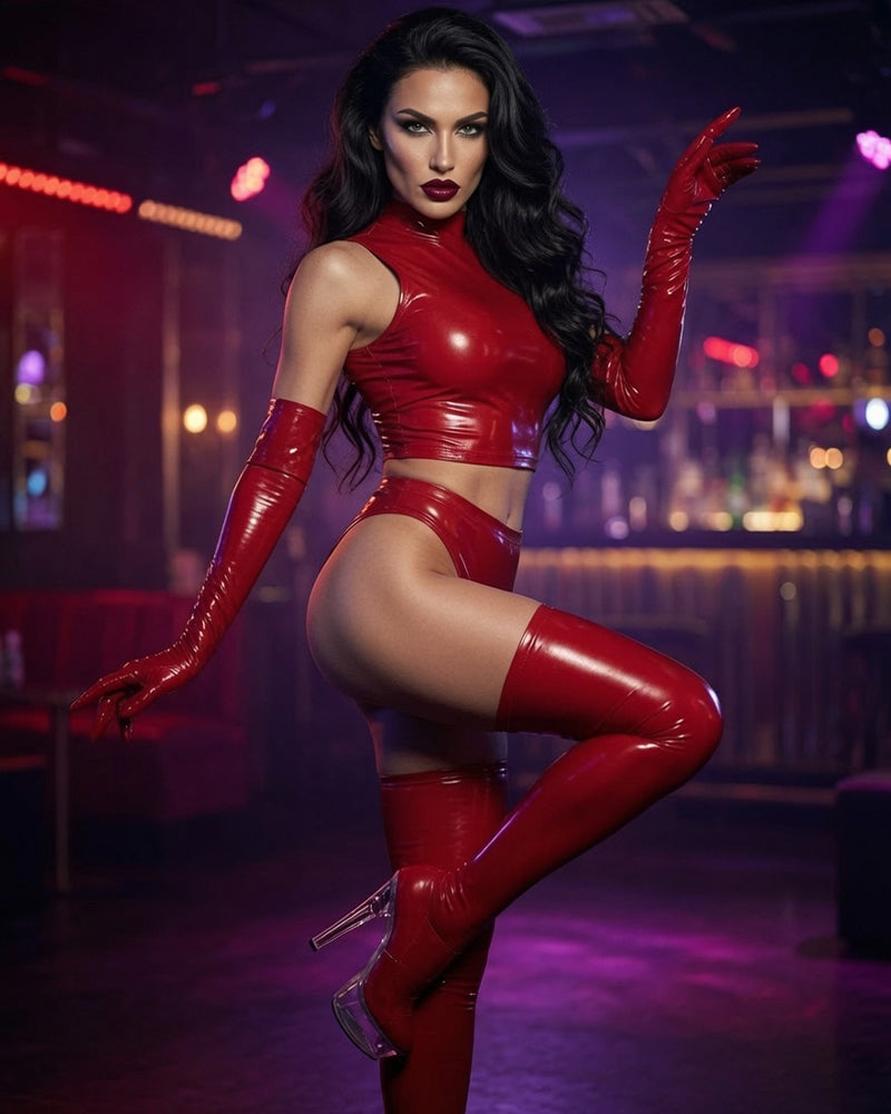 Red wet-look faux leather mock neck crop top and matching shorts set