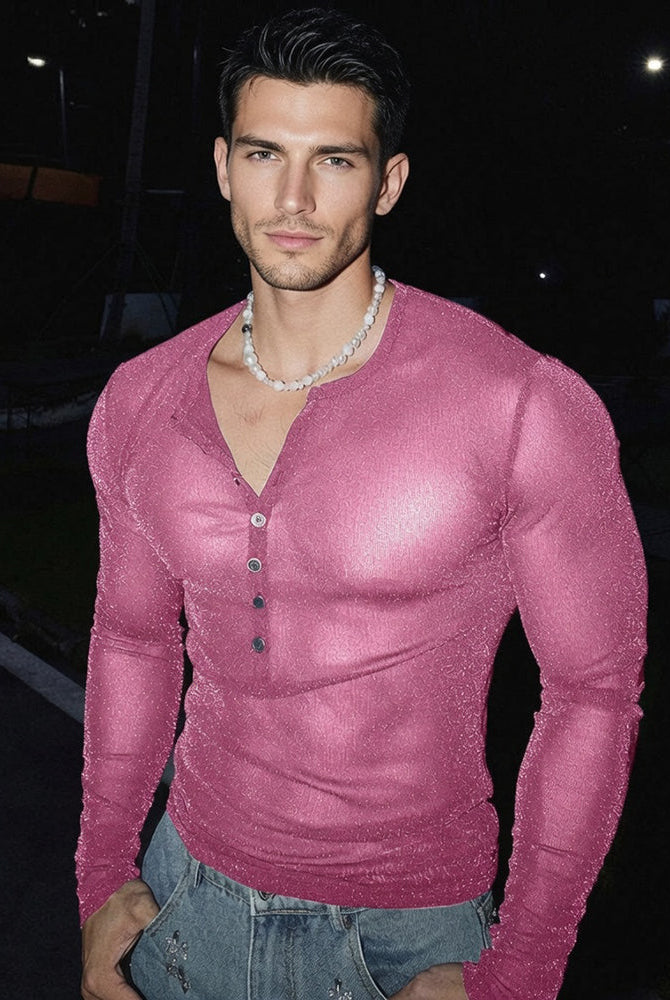 Sheer Glitter Button Henley Long Sleeve Top - Pink