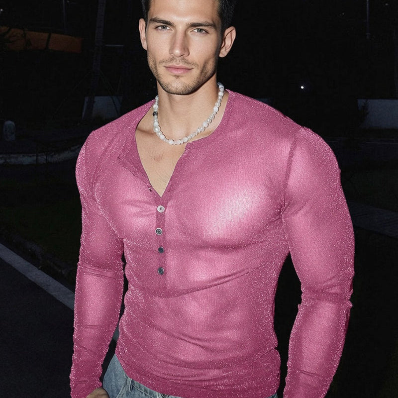Sheer Glitter Button Henley Long Sleeve Top - Pink