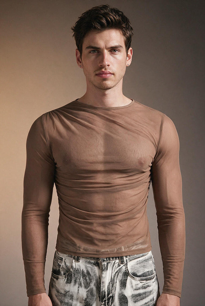 Sheer Mesh Long Sleeve Top - Brown