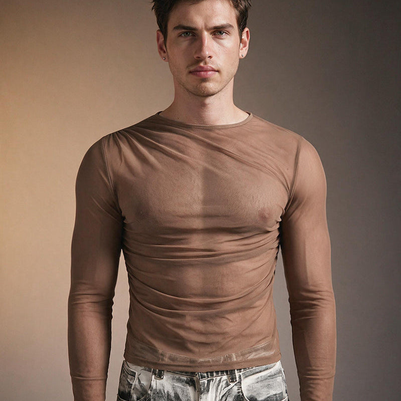 Sheer Mesh Long Sleeve Top - Brown