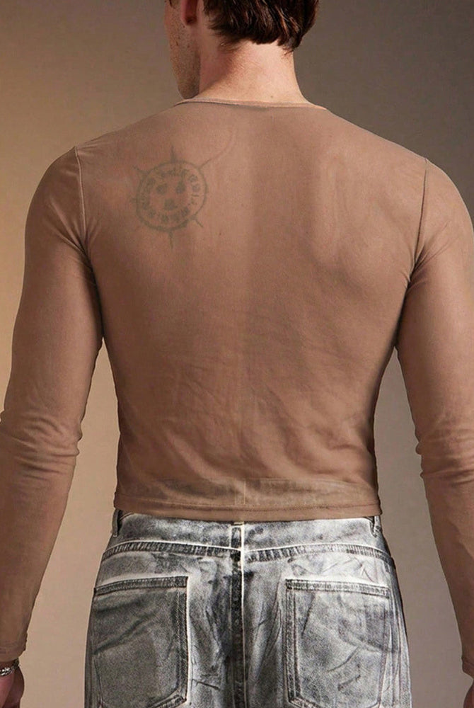 Sheer Mesh Long Sleeve Top - Brown