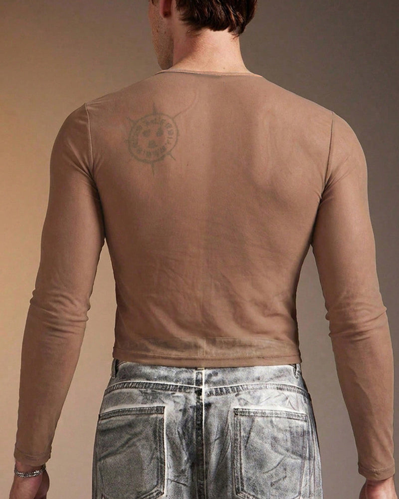 Sheer Mesh Long Sleeve Top - Brown