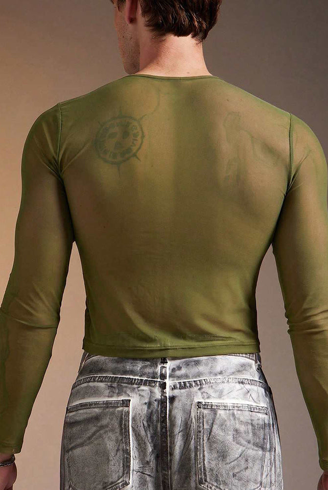 Sheer Mesh Long Sleeve Top - Green
