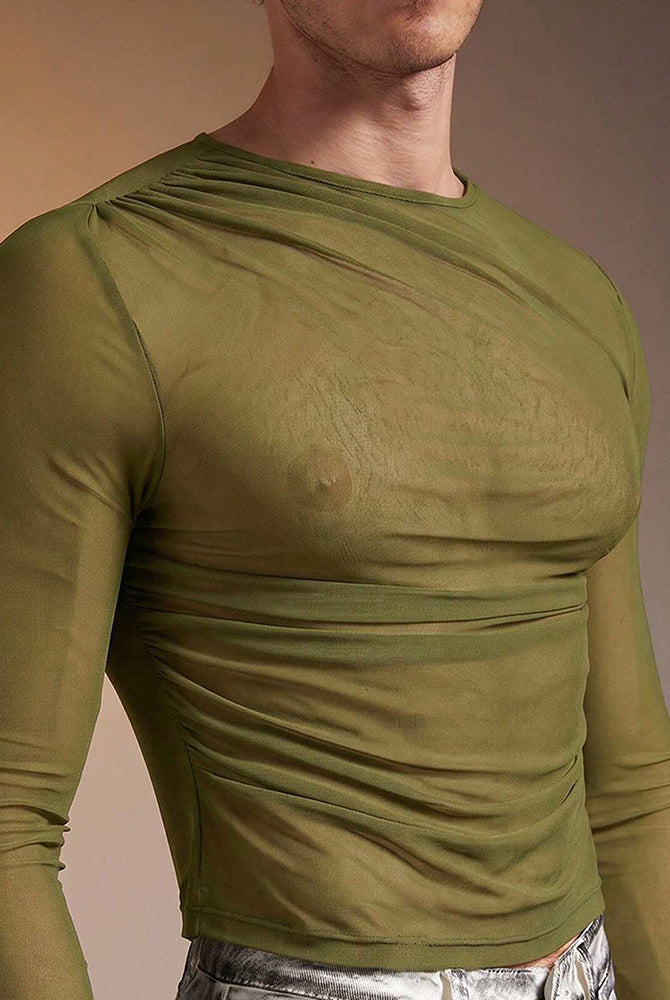 Sheer Mesh Long Sleeve Top - Green