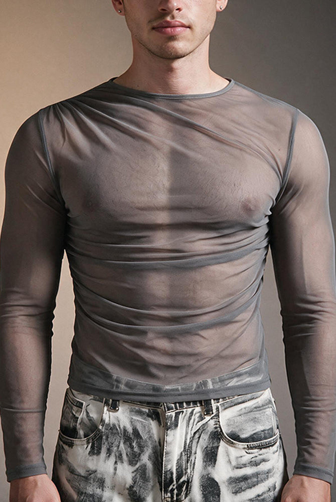 Sheer Mesh Long Sleeve Top - Gray