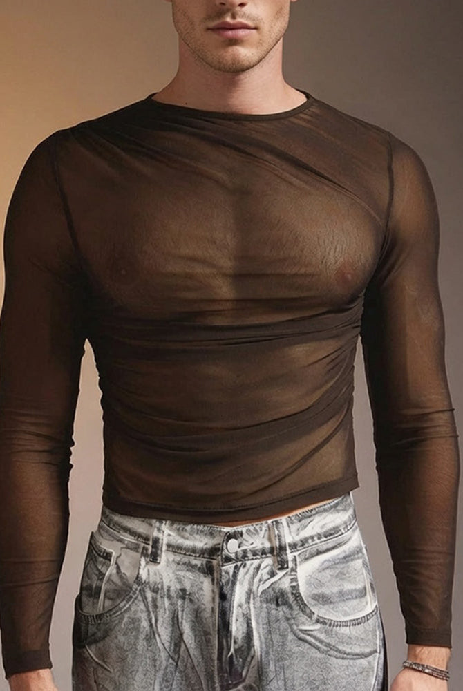 Sheer Mesh Long Sleeve Top - Khaki