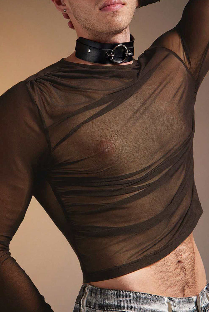 Sheer Mesh Long Sleeve Top - Khaki