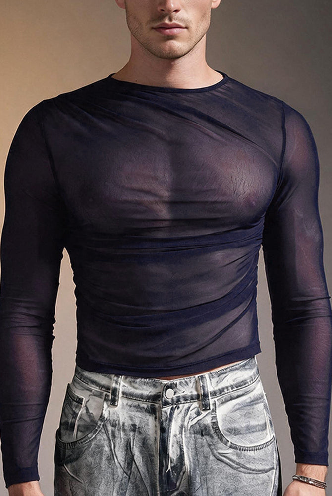 Sheer Mesh Long Sleeve Top - Navy