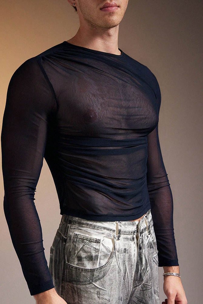 Sheer Mesh Long Sleeve Top - Navy