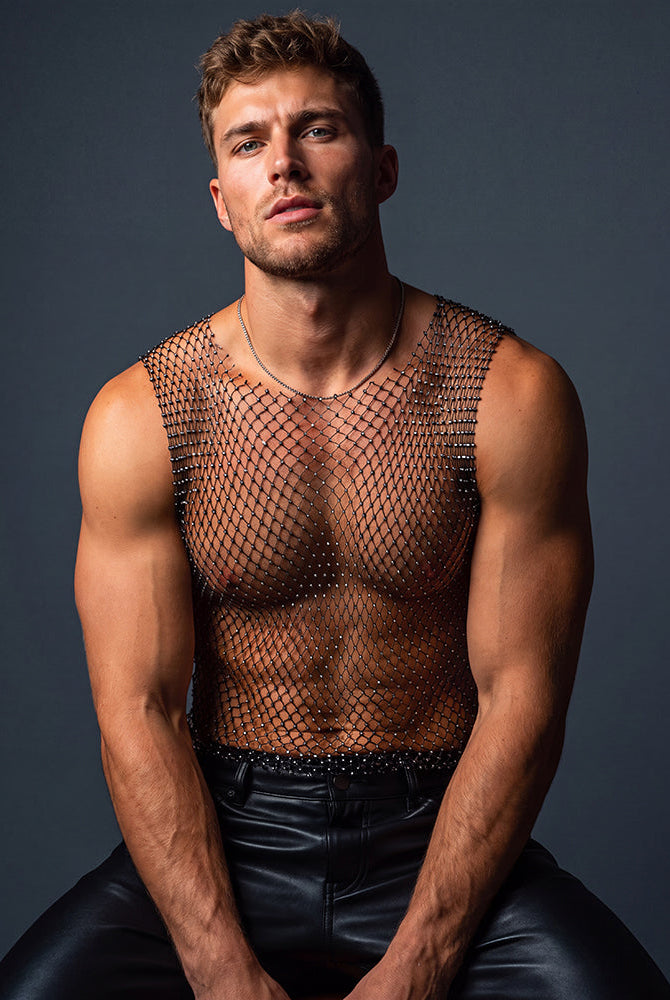 Rhinestone Fishnet Muscle Tank Top - Black
