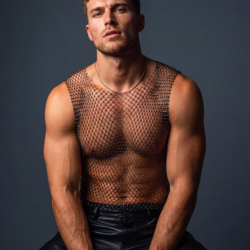 Rhinestone Fishnet Muscle Tank Top - Black