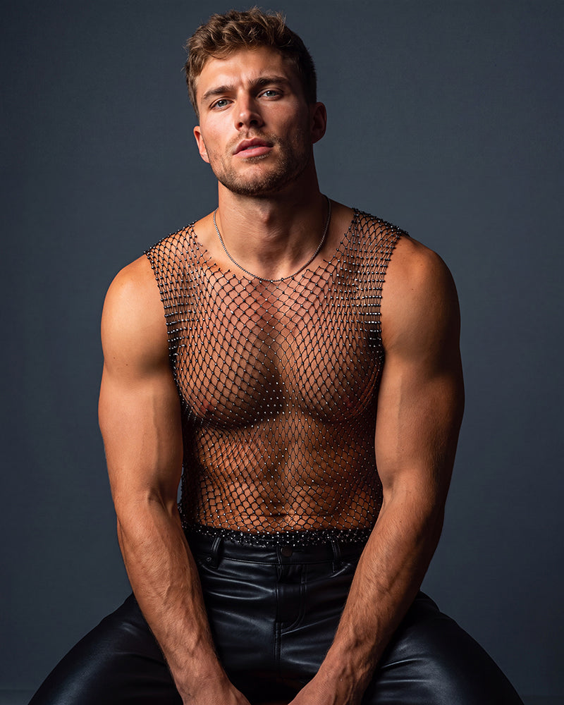 Rhinestone Fishnet Muscle Tank Top - Black