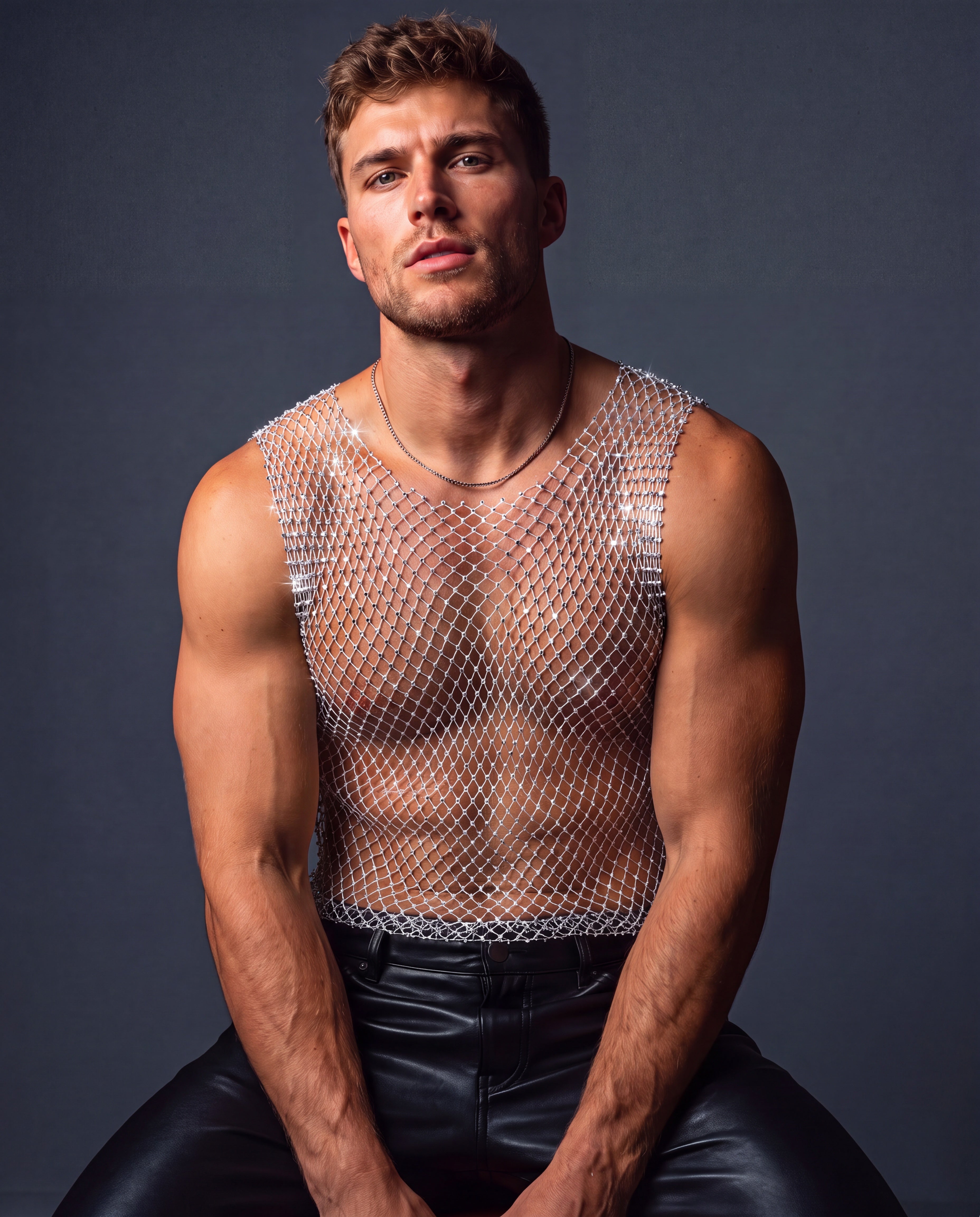 Rhinestone Fishnet Muscle Tank Top - White