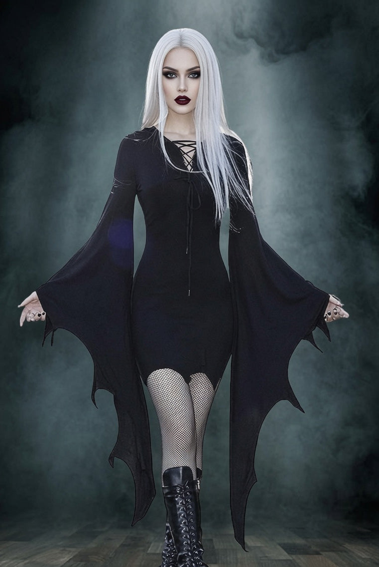Black gothic mini dress with lace-up chest and batwing sleeves