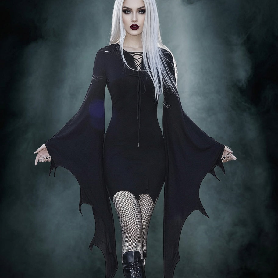 Black gothic mini dress with lace-up chest and batwing sleeves