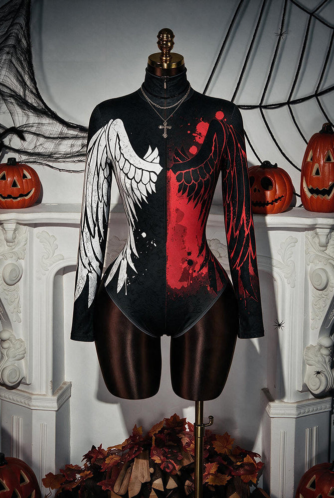 Black long-sleeve zip-front bodysuit with angel wing and red print on a mannequin