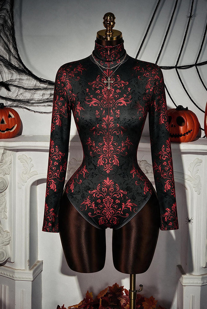 Black and red baroque floral print long-sleeve zip front bodysuit on mannequin