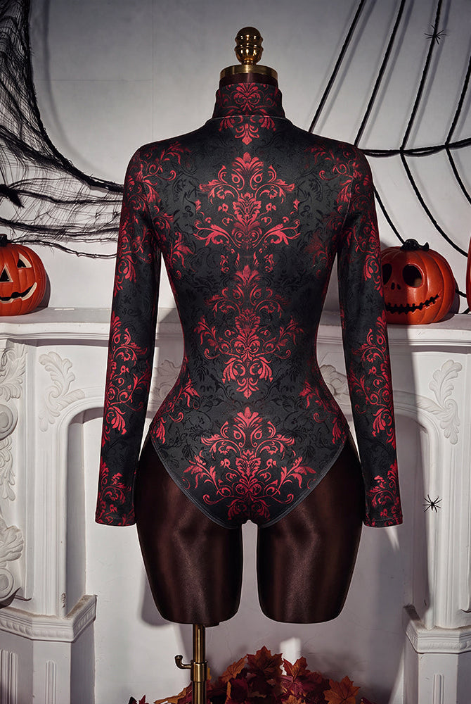 Black and red baroque floral print long-sleeve zip front bodysuit, back on mannequin