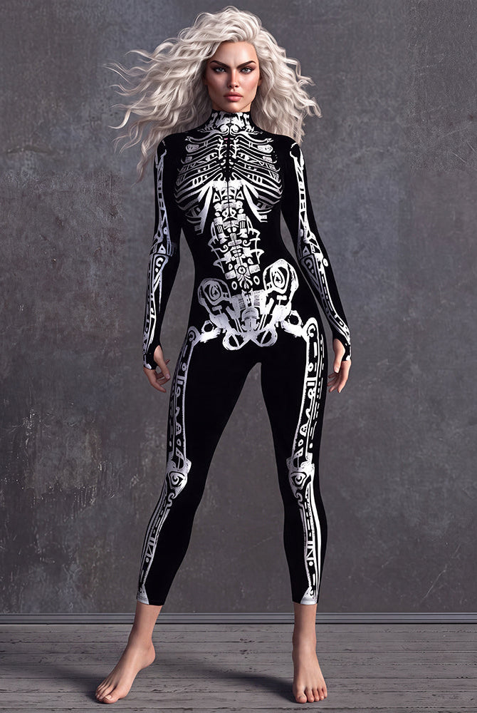 Skeleton tattoo print catsuit, long-sleeve high neck, black with white bones graphic