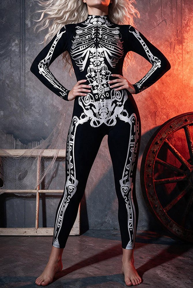 Skeleton tattoo print catsuit, long sleeves and high neck, black with white ribcage design