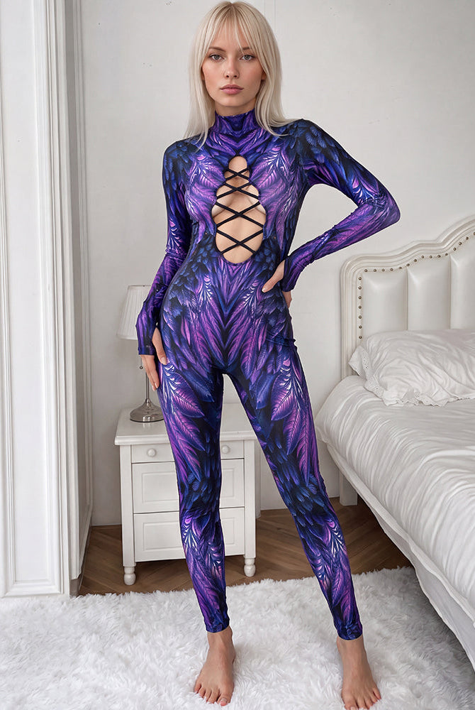 Purple feather-print lace-up catsuit with long sleeves and cutout chest