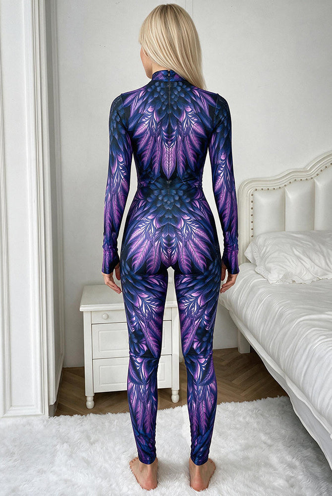 Back view purple feather-print catsuit with long sleeves and high neck