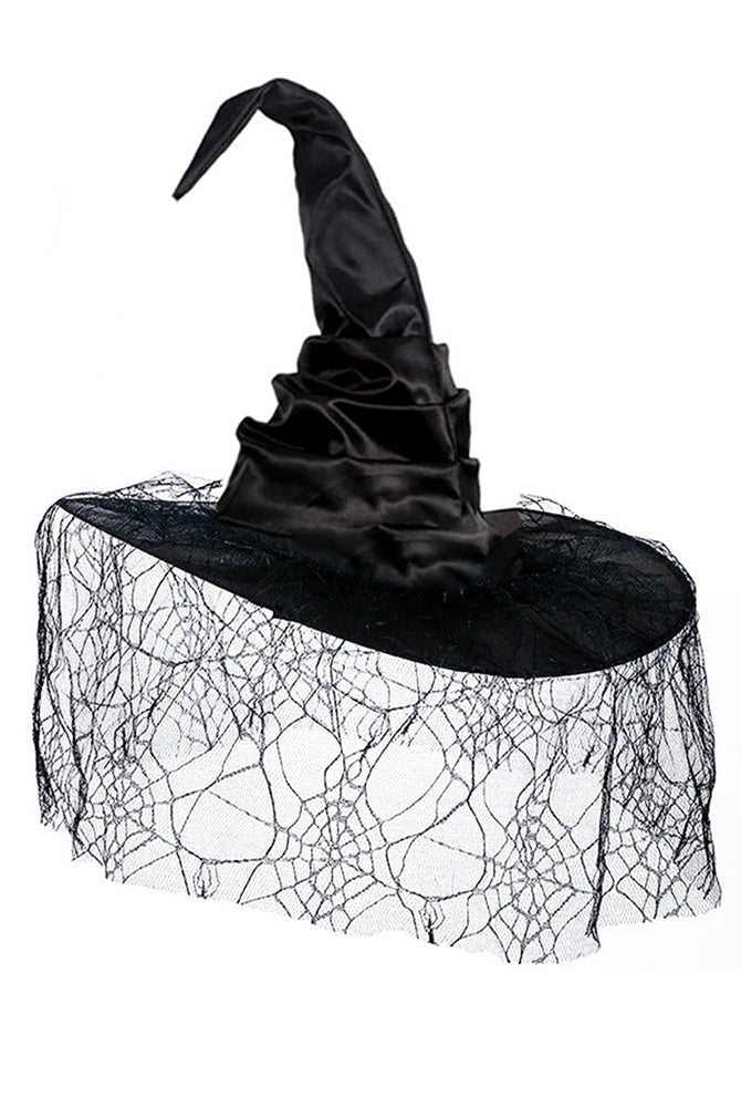 Black witch hat with satin texture and sheer spiderweb veil