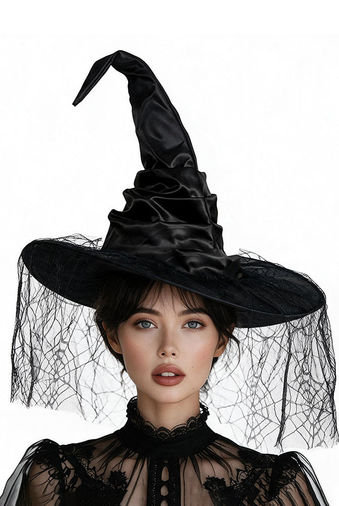 Black witch hat with wide brim and spiderweb veil worn by model