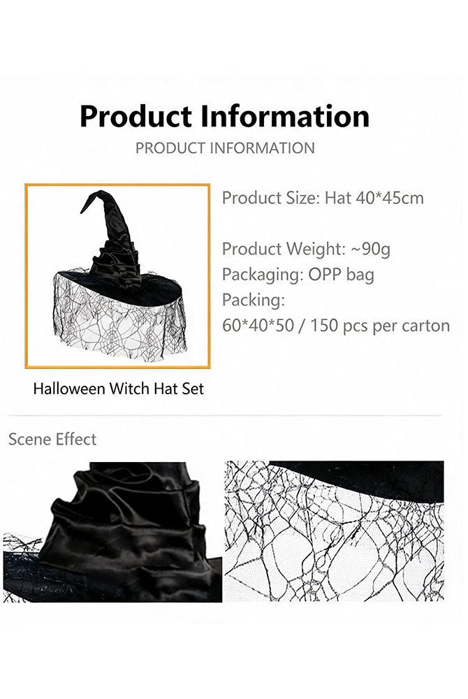 Black witch hat with spiderweb veil, product size 40x45 cm