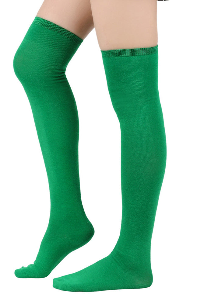 Pair of over-the-knee socks in green with ribbed cuff and smooth leg